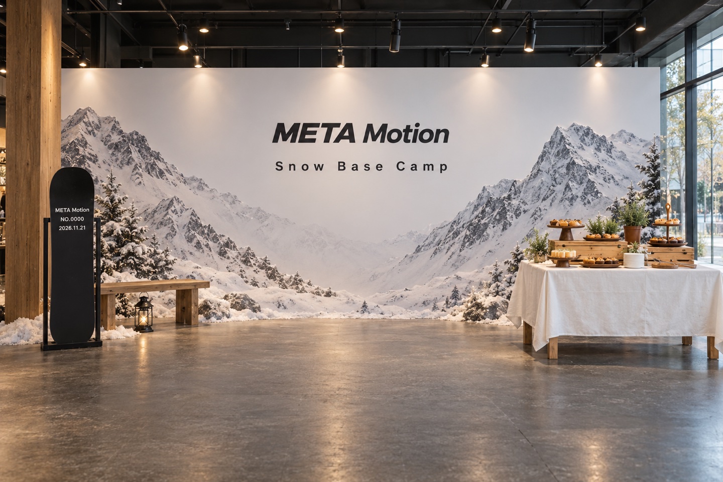 Snow Base Camp 雪山主背板、紀念雪板與暖光木質空間的 AI 概念示意
